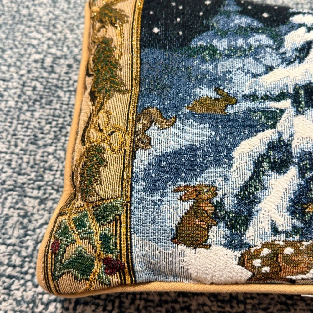 Riverdale Woven Tapestry Winter Forest Deer Rabbit Accent Pillow Made in USA